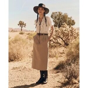 THE GREAT Women's Pleated Column Midi Skirt size 30 Desert Fatigue Khaki Safari